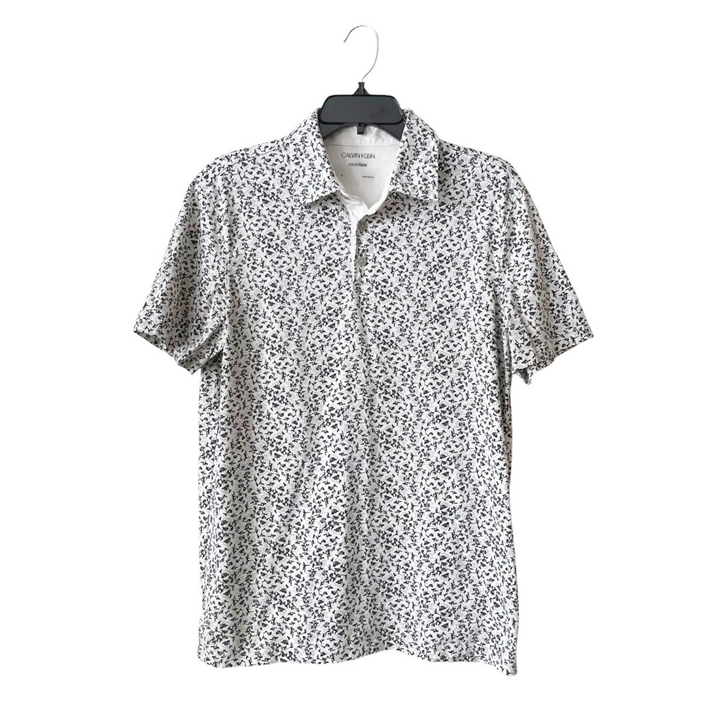 Calvin Klein Liquid Touch Polo Shirt Mens Size M White Black Floral Short Sleeve